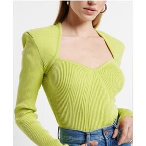 Express Rib Knit Sweater Size XS Yellow Sweetheart Neckline Shoulder Pads